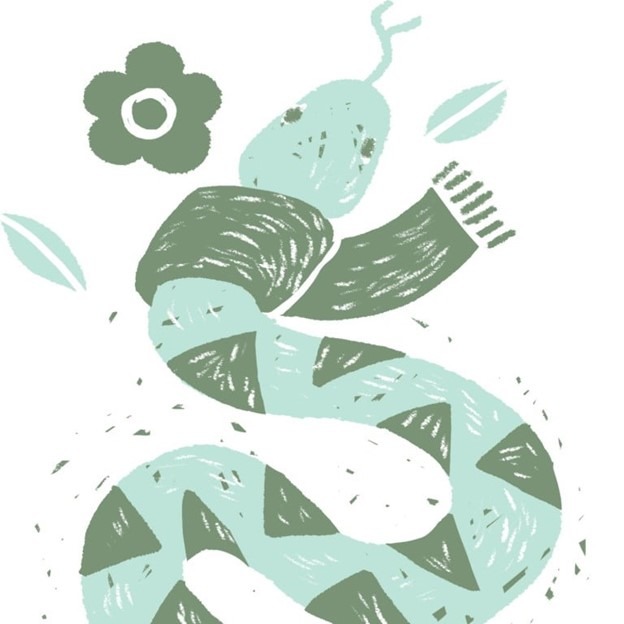 Year of the green wood snake graphic Playful illustration of a light green snake wearing a scarf, surrounded by leaves and a flower, symbolizing the Year of the Wood Snake.